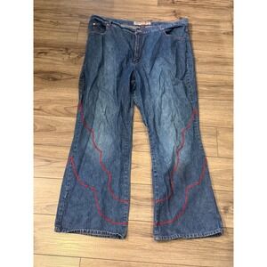 Vintage Y2K Americana Blues Wide Leg Jeans 24W Plus Red Wave Stitch Flare Denim